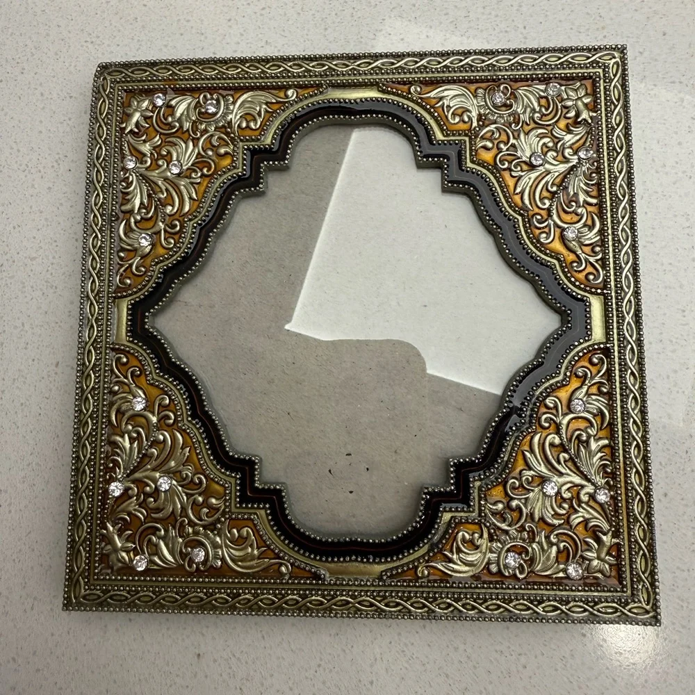 Ornate Black Tan Gold Tone Enamel Floral Rhinestones Frame Heavy
